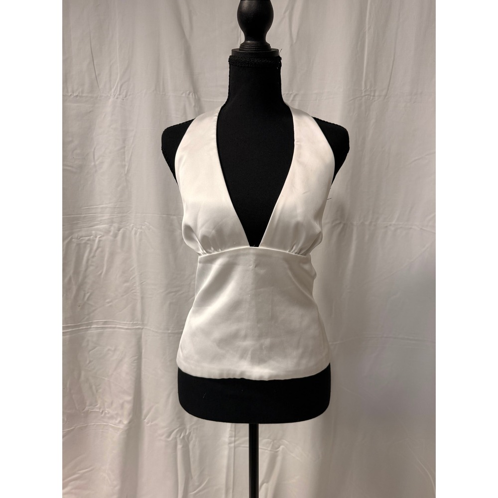 ZARA White Satin Halter Top Deep V-Neck Backless Tie Back Blouse Medium